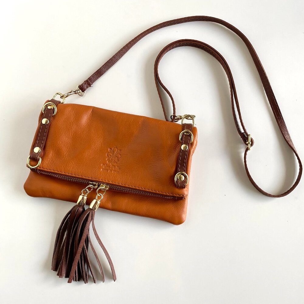 Vera Pelle Italian Leather Wristlet Crossbody Bag Clutch Purse Ochre